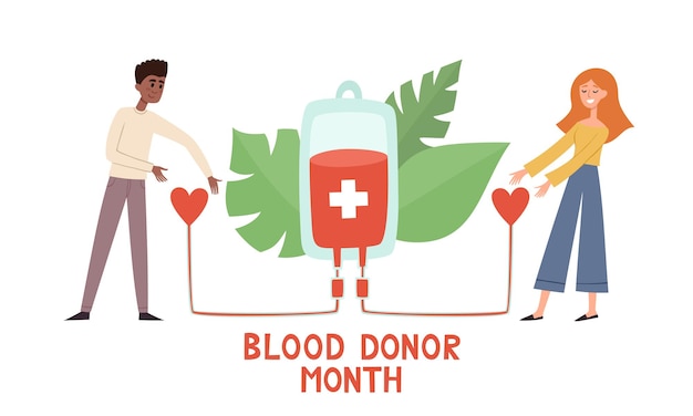 Vettore illustrazione vettoriale del concetto di donazione di sangue con le persone. donna europea in piedi che dona sangue a un uomo africano che tiene il cuore isolato su bianco usato per poster del mese dei donatori, sito web dell'ospedale, rivista