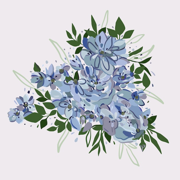 Vector illustration of blue flowers with leaves on light background.