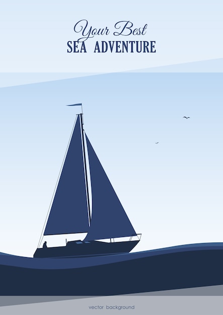 Vector vector illustration: blue marine with silhouette of yacht.