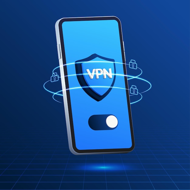Векторная иллюстрация синего смартфона с защитным экраном конфиденциальности и безопасности технологии VPN