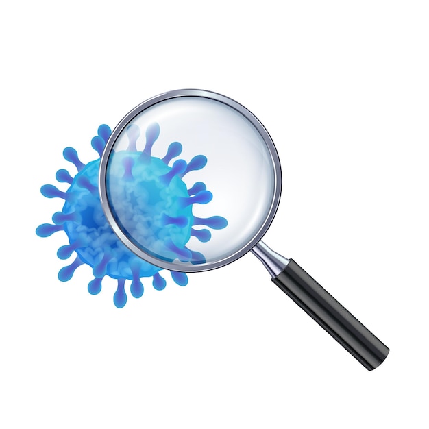 Vector illustration of blue virus cell under the magnifying glass