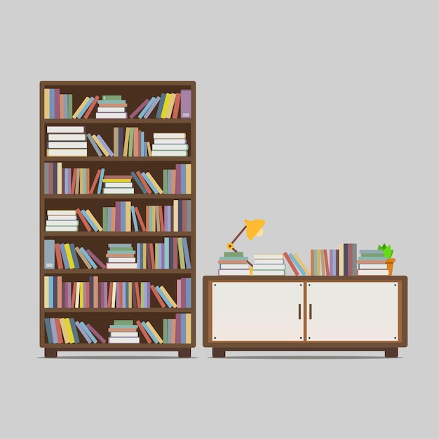 Vector vector illustration of bookcase and book drawer full of books table lamp isolated on a gray background