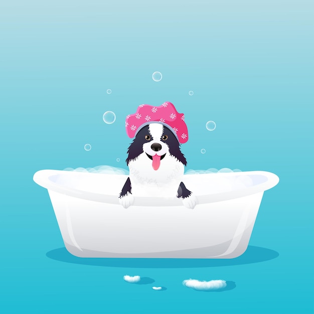 vector illustration border collie with shower cap taking a bubble bath