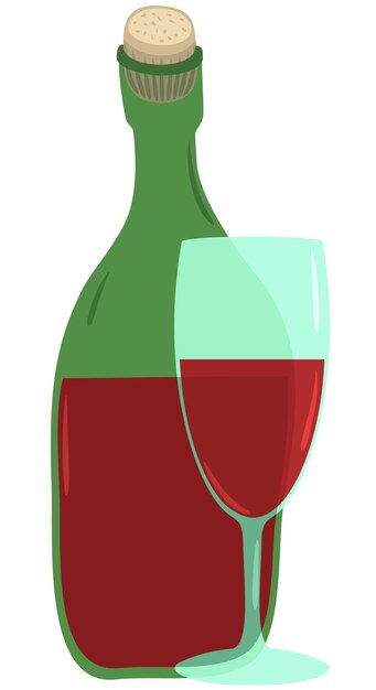 Vector illustration of bottle and glass with red wine. Isolated on white background.