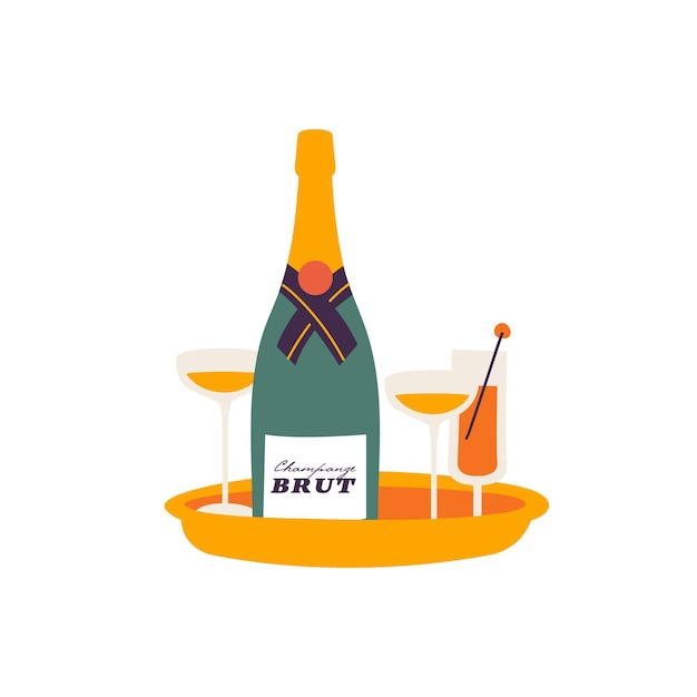 Vector illustration bottle of sparkling wine with glasses. celebration concept. gretting card or poster template.