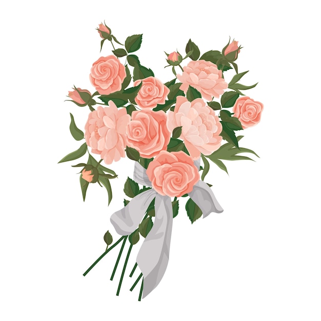 Vector vector illustration bouquet of pink roses and peonies tied with a light wide ribbon. wedding decor, invitations and cards