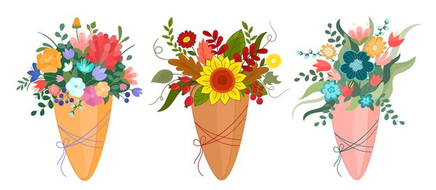 Vector vector illustration bouquet set of spring summer autumn flowers in kraft paper packege on white is
