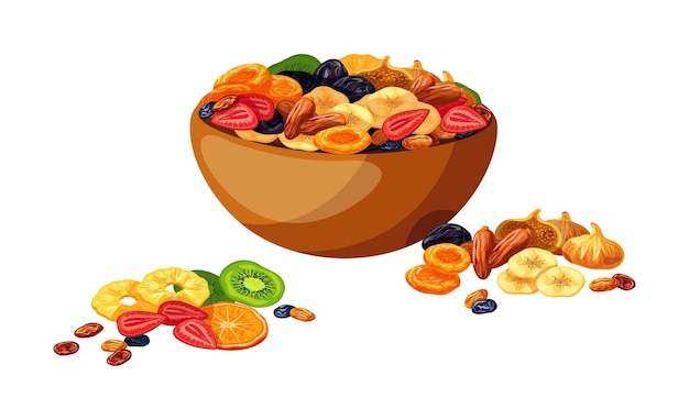 vector illustration of a bowl with delicious dried fruits isolated on white dried fruits in cartoon