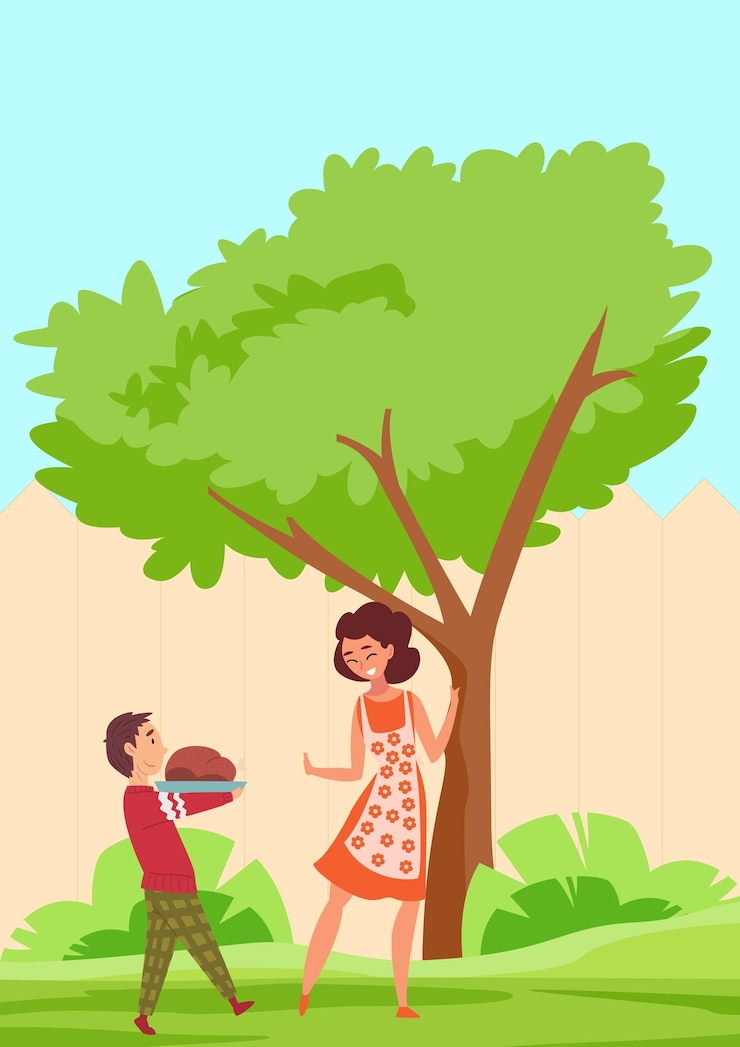 Vector vector illustration of a boy bringing fried chicken to his mother as a thanksgiving