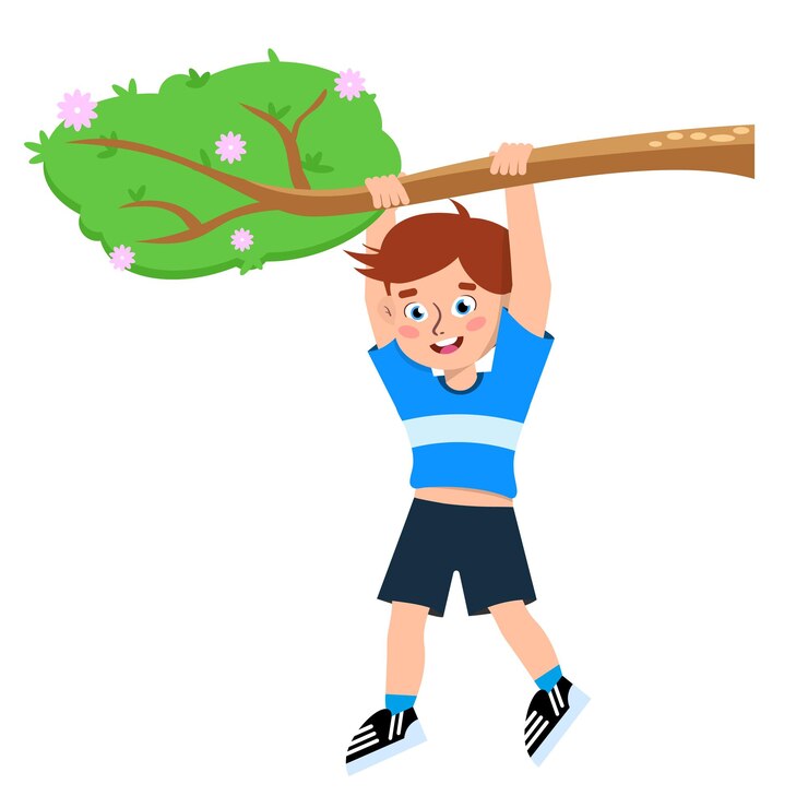 Vector vector illustration of a boy climbing trees a cartoon scene of a smiling boy hanging on a branch isolated on a white background
