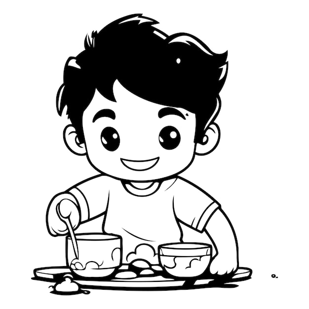 皿の上でダンプリングを食べている男の子のベクトルイラスト