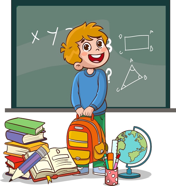 Векторная иллюстрация мальчика и концепции образования с рюкзаком и школьными принадлежностями