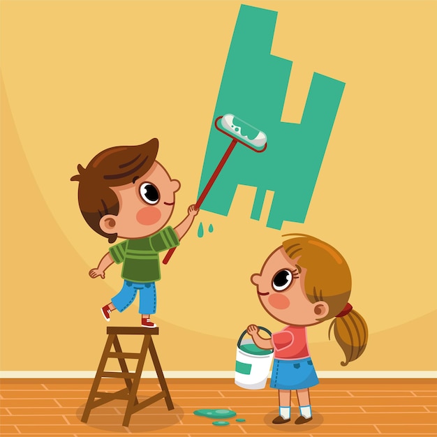 壁を描いている男の子と女の子のベクトル図