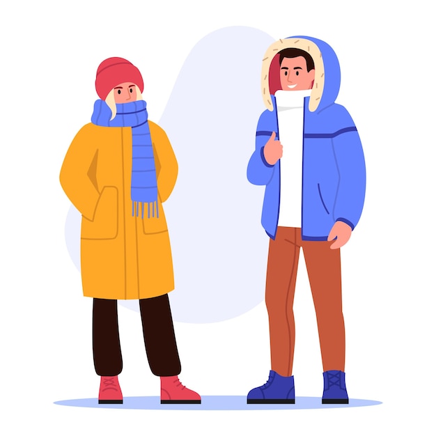 Vector illustration of a boy and a girl in warm clothes cartoon scene of smiling boy and girl dressed in outerwear hat coat jacket scarf and warm shoes isolated on white background