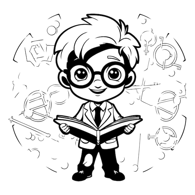 Vector illustration of a boy in glasses reading a book on white background