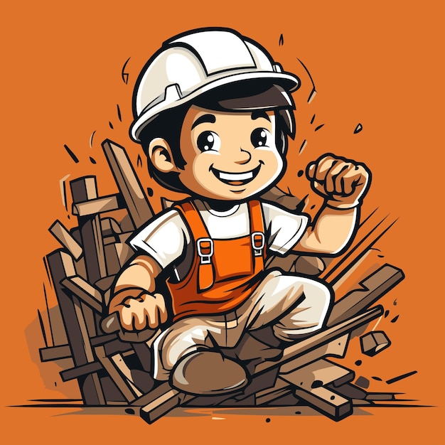 Vector illustration of a boy in hardhat sitting on a pile of wood