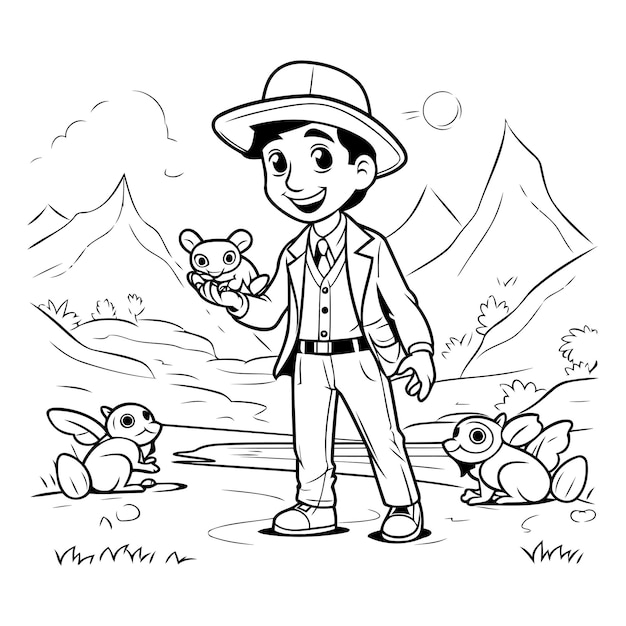 Vettore illustrazione vettoriale di un ragazzo con un cappello e un orsacchiotto