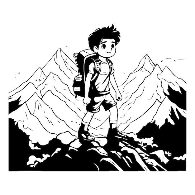Vector illustration of a boy hiking in the mountains Cartoon style