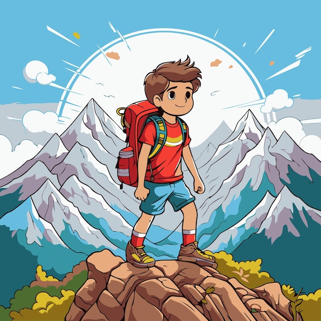 Vector vector illustration of a boy hiking in the mountains cartoon style