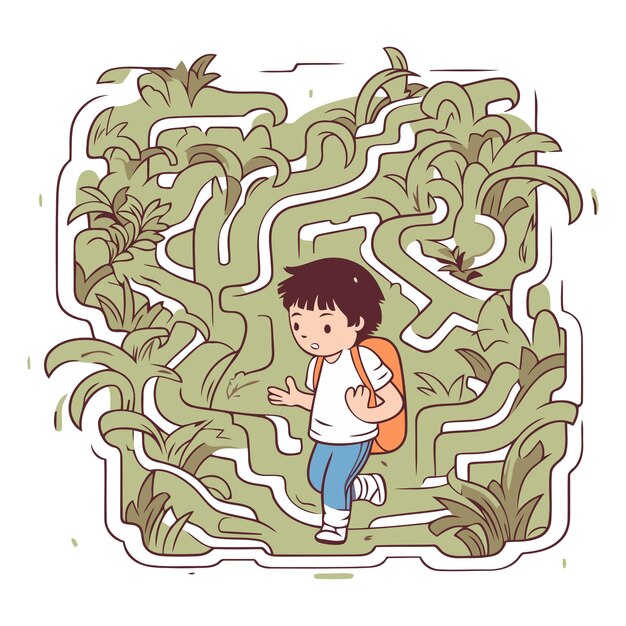 Vector vector illustration of a boy hiking through a maze in the forest