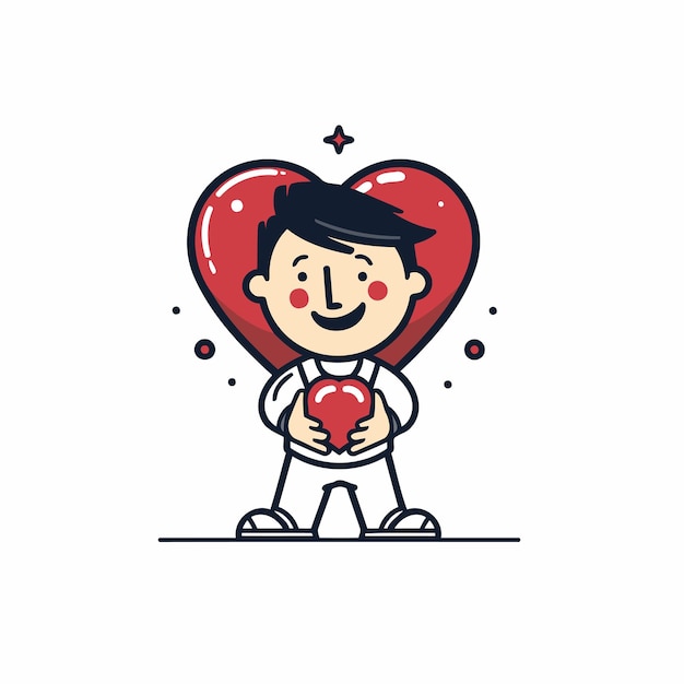 Vector illustration of boy holding red heart Line art design for web site advertising banner poster board and print