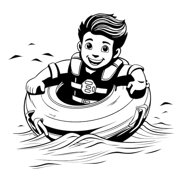 Vector illustration of a boy in a life jacket floating on an inflatable ring