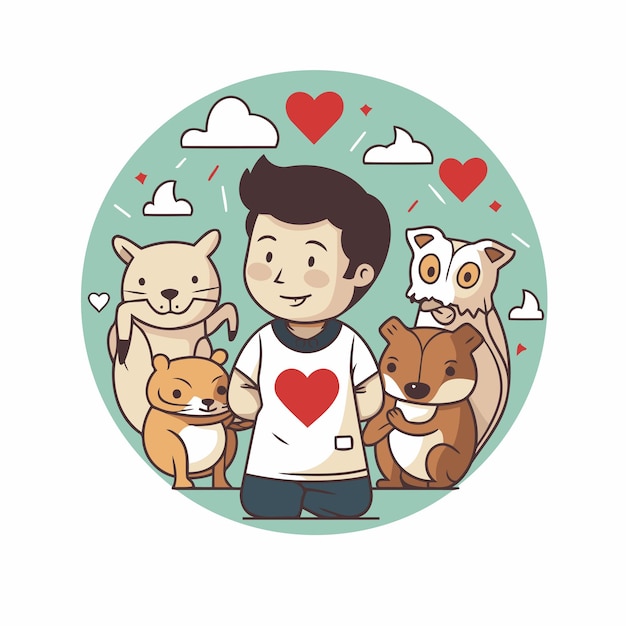 Vector illustration of a boy in love with a group of animals