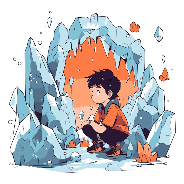 Vector illustration of a boy in the mountains The boy is sitting on the rocks and looking into the distance