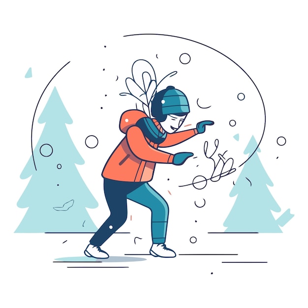 Vettore illustrazione vettoriale di un ragazzo con una giacca arancione e uno snowboard in mano