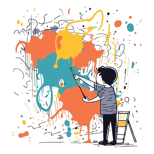 Vettore illustrazione vettoriale di un ragazzo che dipinge un muro con pennello e vernici