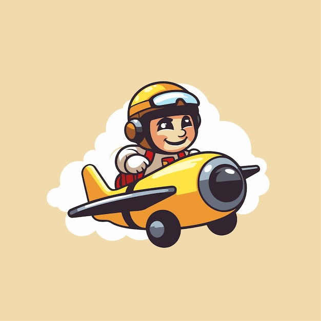 Векторная иллюстрация мальчика в пилотском костюме, едущего на самолете