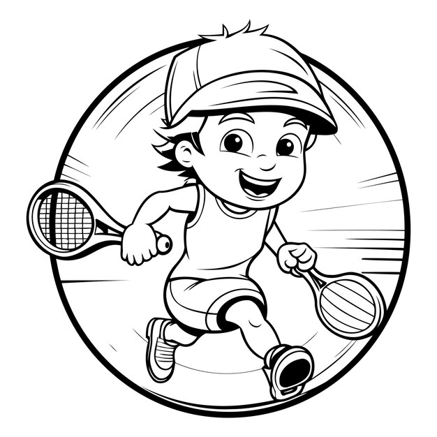 Vector illustration of a boy playing tennis on a tennis court Coloring book for children