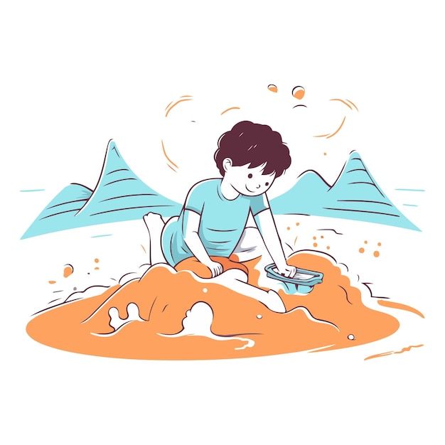 해변에서 모래로 놀고 있는 소년의 터 일러스트레이션 야외에서 놀고 있는 아이