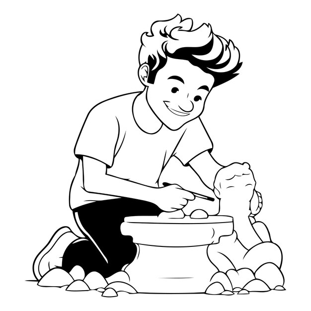 Vector illustration of a boy playing with a sculpture of a snowman