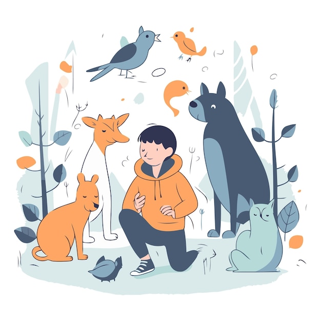 Vettore illustrazione vettoriale di un ragazzo con un impermeabile con un cane, un gatto e un uccello