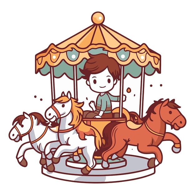 Vector vector illustration of a boy riding a horse on a merrygoround