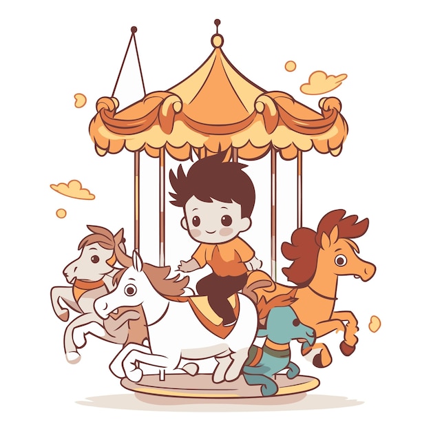 Vector illustration of a boy riding on a merrygoround