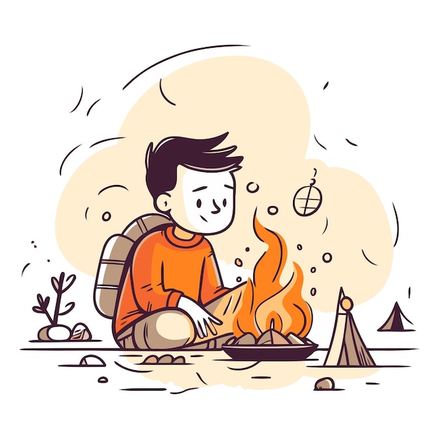Vector vector illustration of a boy sitting near the campfire cooking food