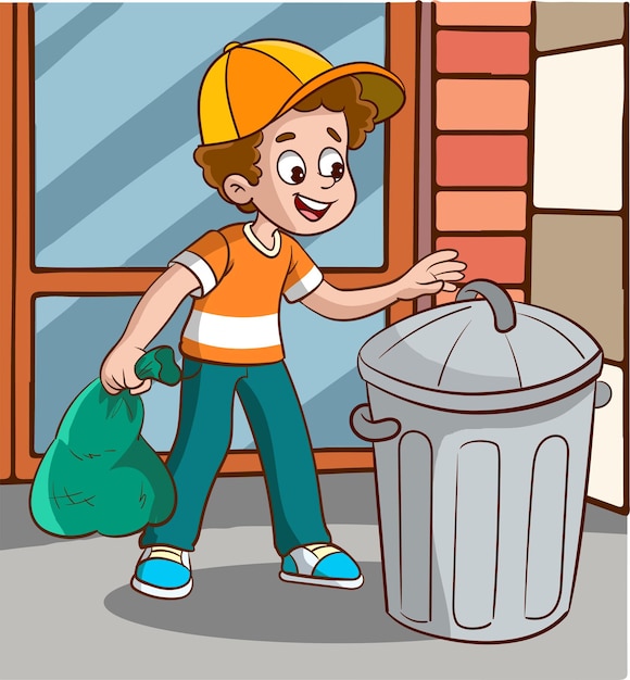 vector illustration of boy throwing garbage.