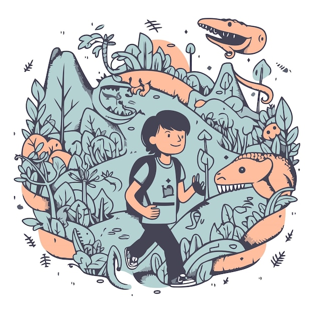 Vector vector illustration of a boy walking in the forest with dinosaurs and plants