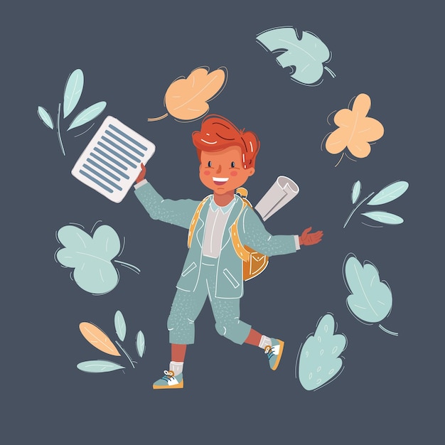 Vector vector illustration of boy walking with bag going to school on dark bacground