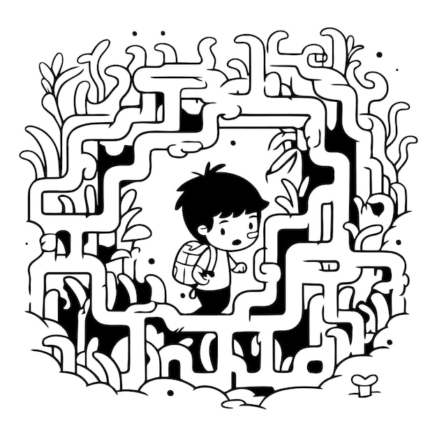 Vector illustration of a boy with a backpack going through a maze