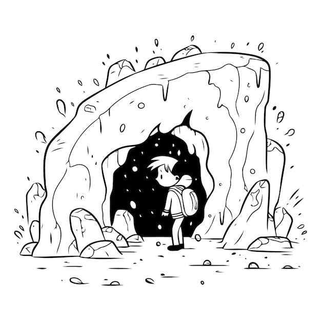 Vector vector illustration of a boy with a backpack standing in the cave