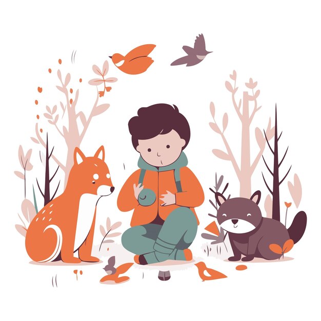 Vector illustration of a boy with a dog in the autumn forest