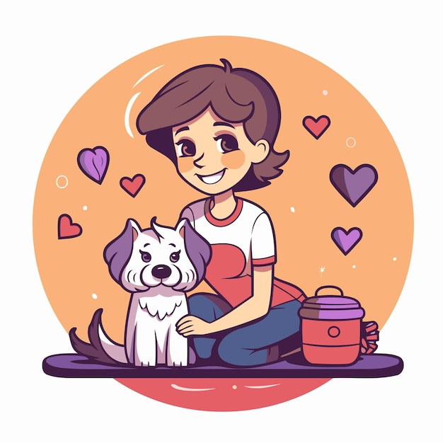 Vector illustration of a boy with a dog on a background of hearts