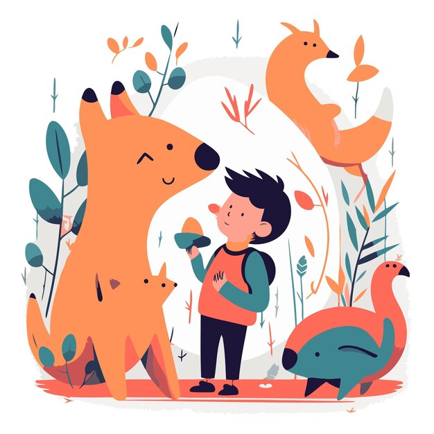 Vector vector illustration of a boy with a dog in a zoo flat style