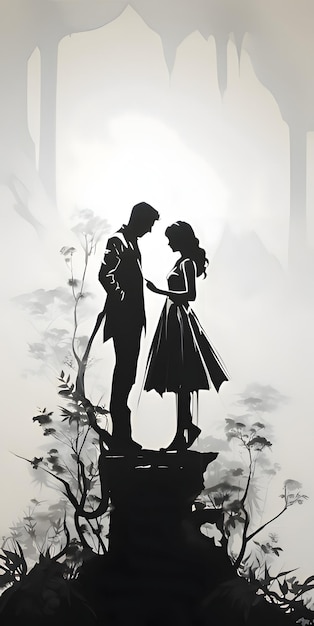 Illustrazione vettoriale di un ragazzo con una ragazza in silhouette nera su uno sfondo bianco pulito che cattura forme aggraziate