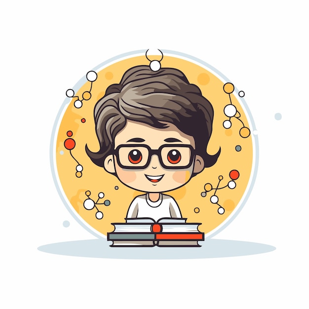 Vector vector illustration of a boy with glasses and books in a circle