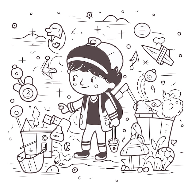 Vettore illustrazione vettoriale di un ragazzo con una pala in mano circondato da diversi rifiuti