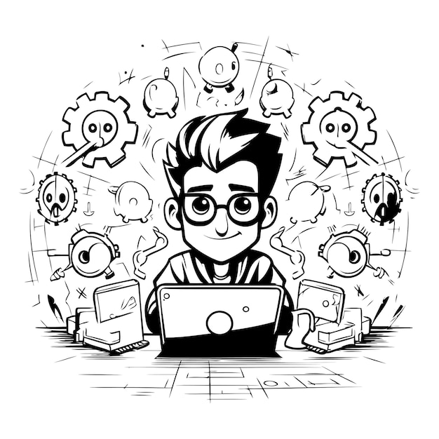 Vector illustration of a boy working on a laptop in the office